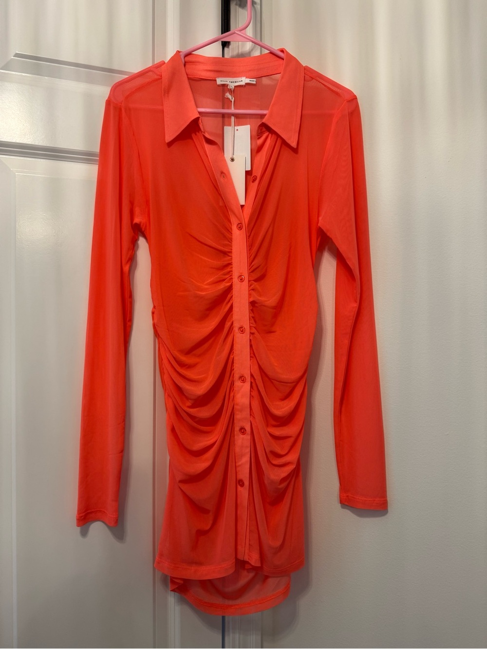 Good American Ruched Button-Front Long Sleeve Top - Fiery Coral